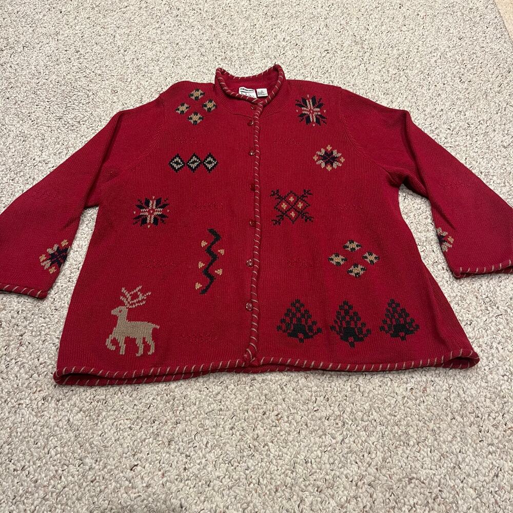CJ Banks Hand Embroidered Cardigan Sweater Sz 2X Christmas Red Winter Vintage